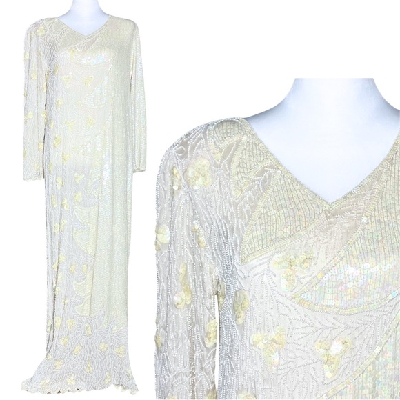 Vintage 100% Silk Ivory 70s 80s Fully Beaded Sequin Long Sleeve Dress - Picture 2 of 15